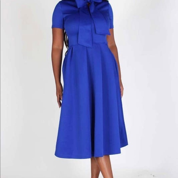 SOLD OUT: Solid Royal Blue Midi Flare Style Dress with Necktie, - Picture 10 of 13